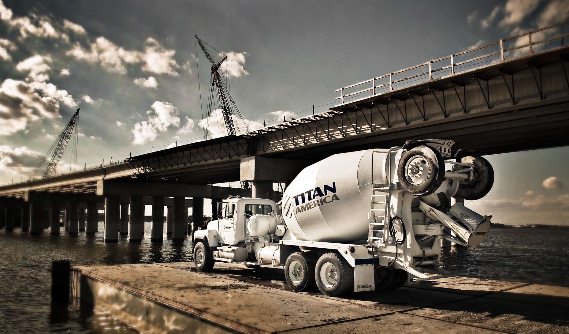 cement, concrete, truck, bridge