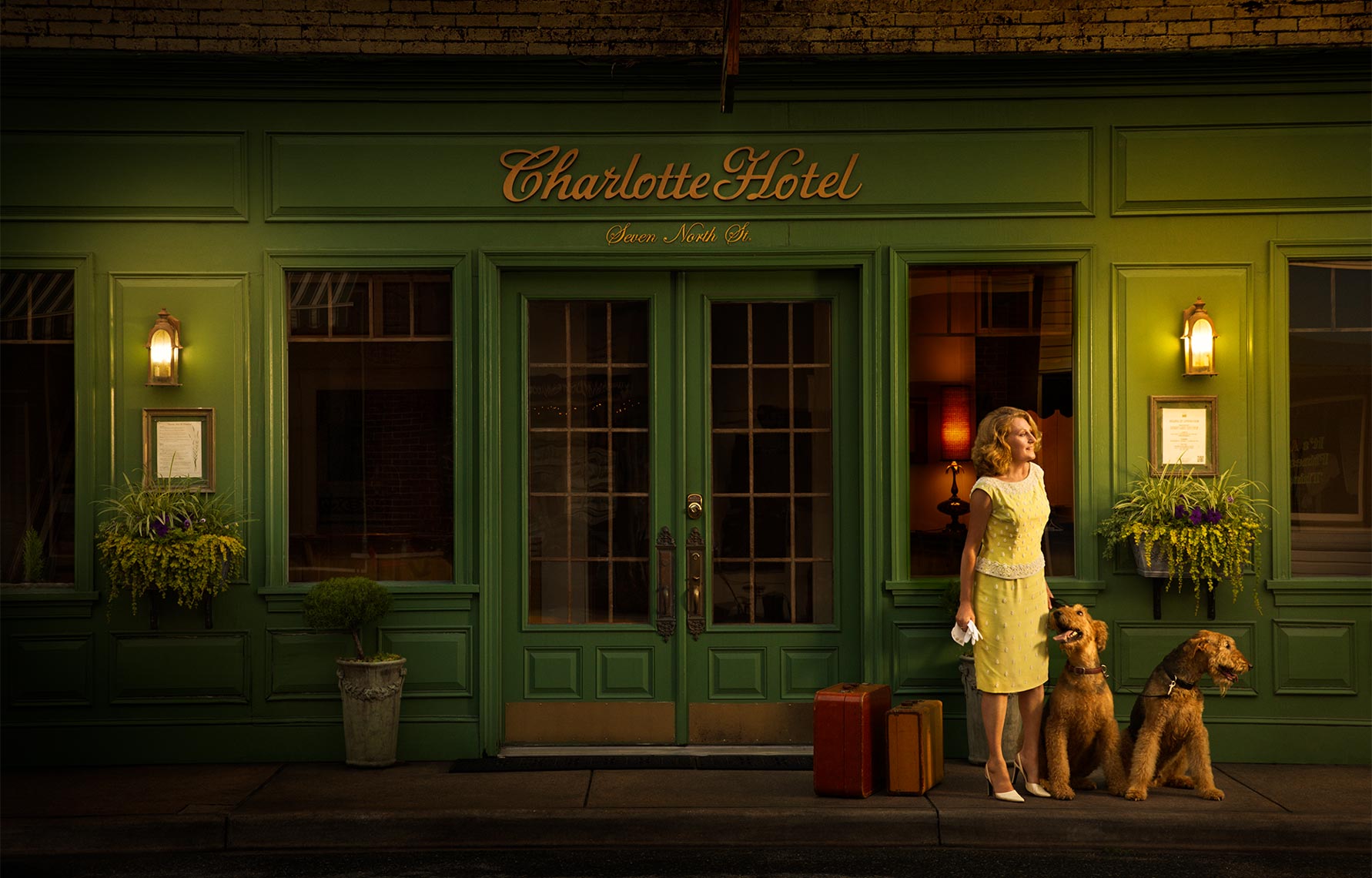 Charlotte, hotel, vintage, suitcase, Airedale