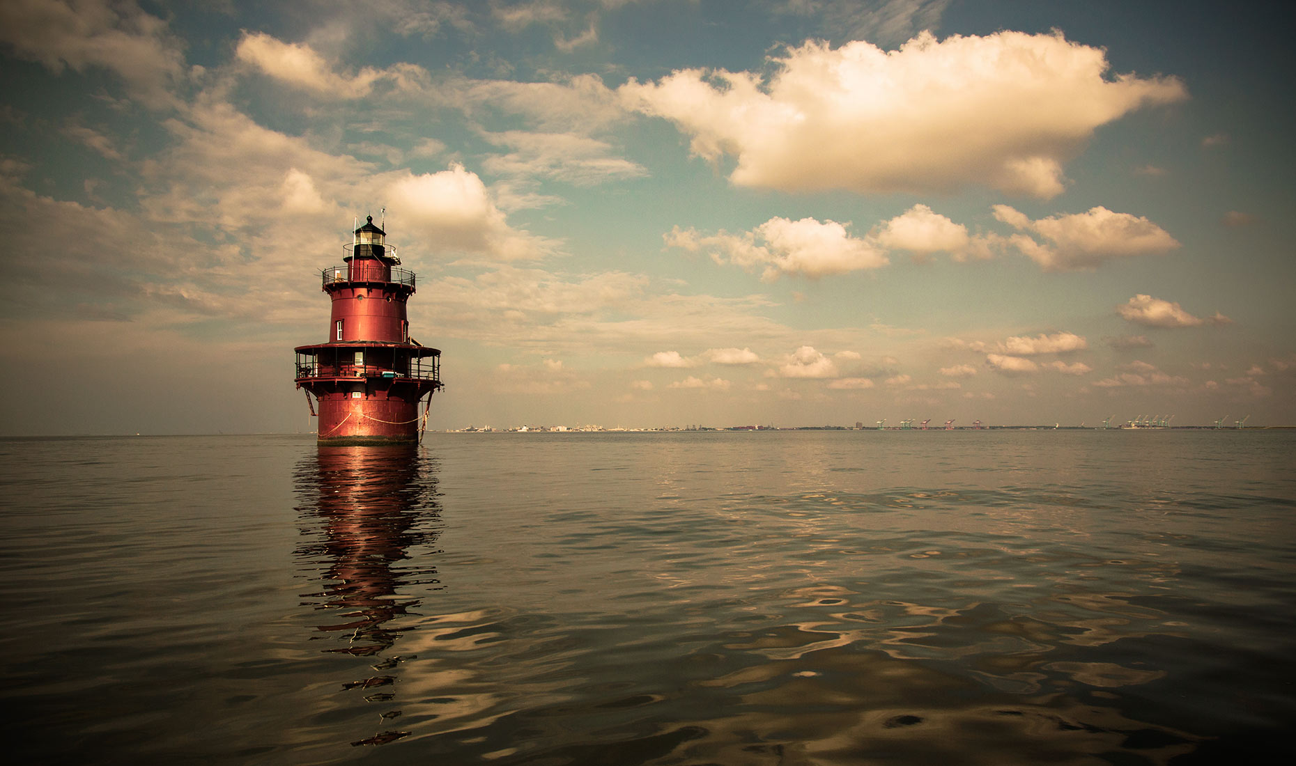 lighthouse, James River, Virginia, clouds