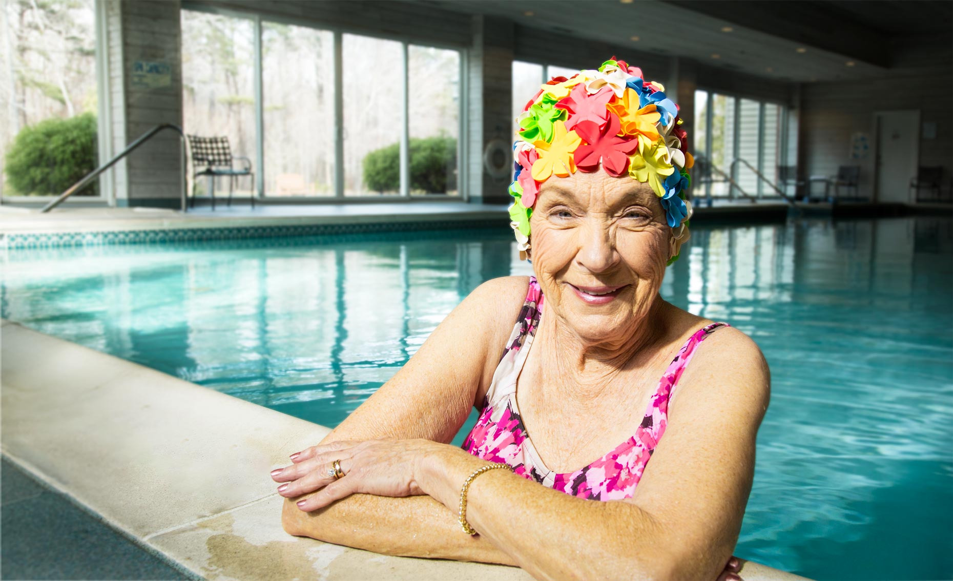 Swimmer-elderly, woman, pool, bathing cap